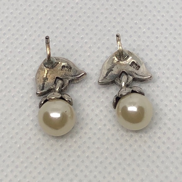 Vintage Sterling Silver Marcasite & Pearl Drop Tulip Earrings - Picture 4 of 5
